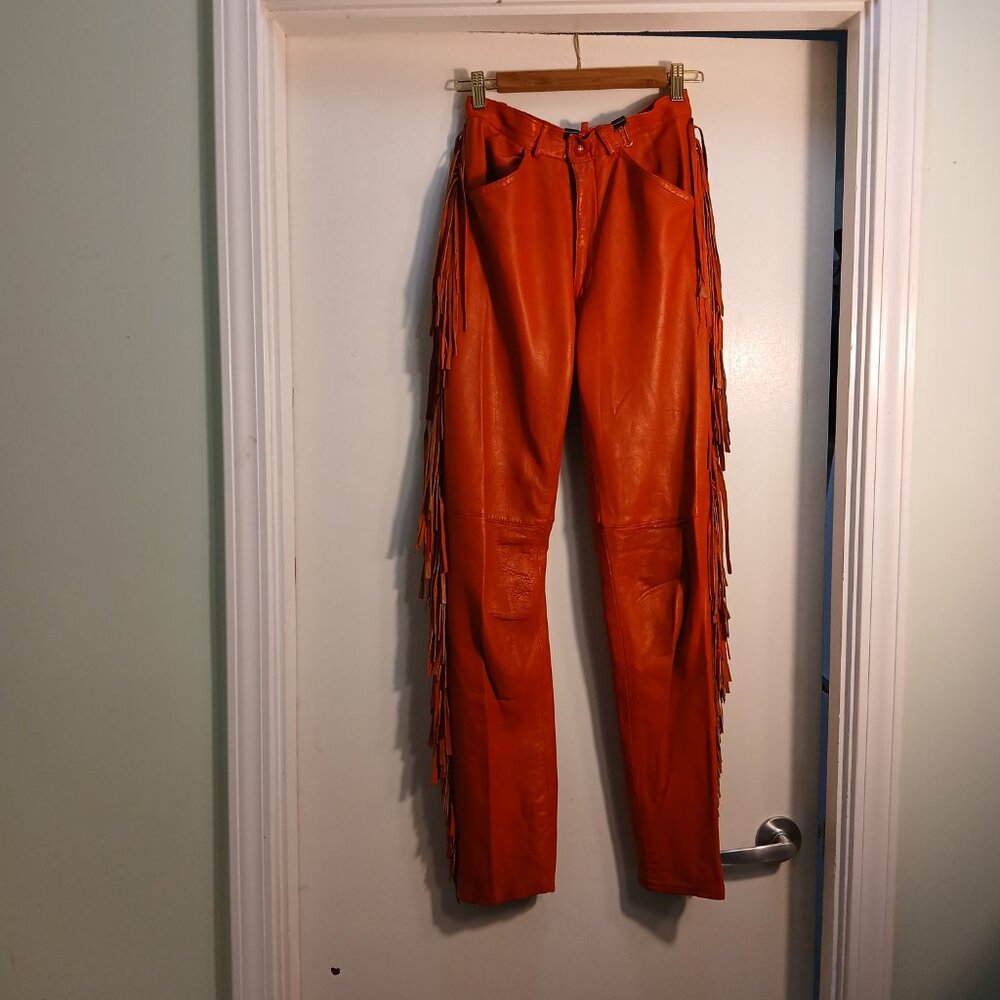 Fiorucci 1980 Vintage Red Leather Fringe Safety Jeans * Edgy Western  * Sz 28 - Picture 8 of 14